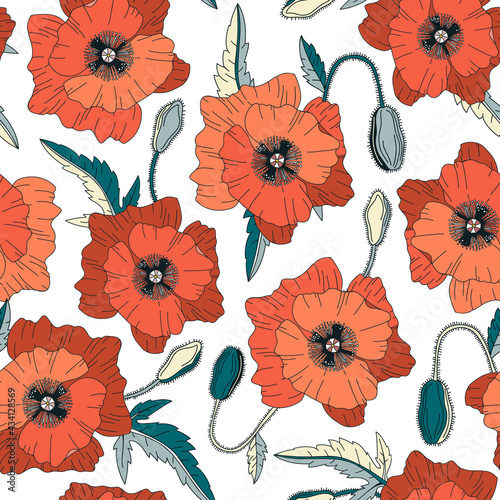 Vector seamless pattern with red poppies flowers on white background. Botanical design for packaging  wrapping paper  wallpaper  fabric. Summer floral backdrop with poppy flowers.