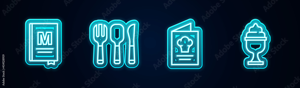 Set line Restaurant cafe menu, Fork, spoon and knife, Cookbook and Ice cream in bowl. Glowing neon icon. Vector Set line Restaurant cafe menu, Fork, spoon and knife, Cookbook and Ice cream in bowl. Glowing neon icon. Vector