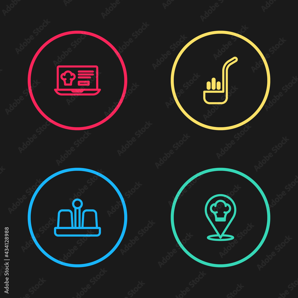 Set line Salt and pepper, Chef hat with location, Kitchen ladle and Online ordering delivery icon. Vector Set line Salt and pepper, Chef hat with location, Kitchen ladle and Online ordering delivery icon. Vector