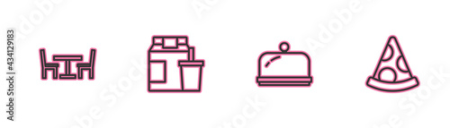 Set line Wooden table with chair, Covered tray, Online ordering and delivery and Slice of pizza icon. Vector