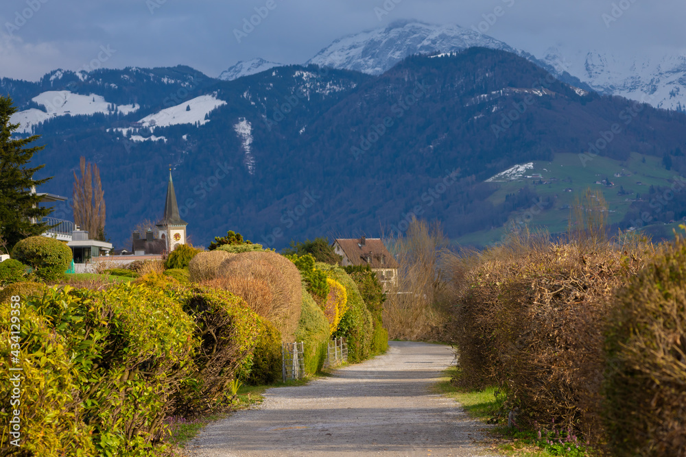 Lovely hiking paths along the shores of the Upper Zurich Lake (Obersee), Rapperswil-Jona, St. Gallen, Switzerland