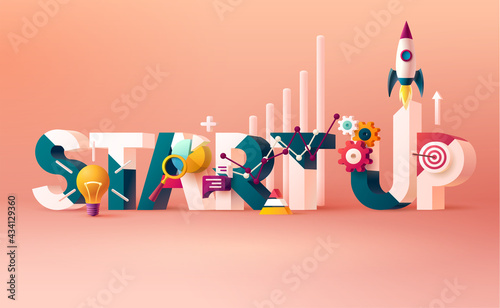 Start up typographic concept. 3D word lettering with colored icons on bright background.