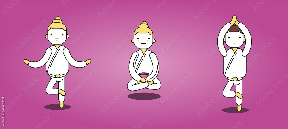 Vector illustration. Set of characters, poses and asanas in yoga on a pink background. Flat person