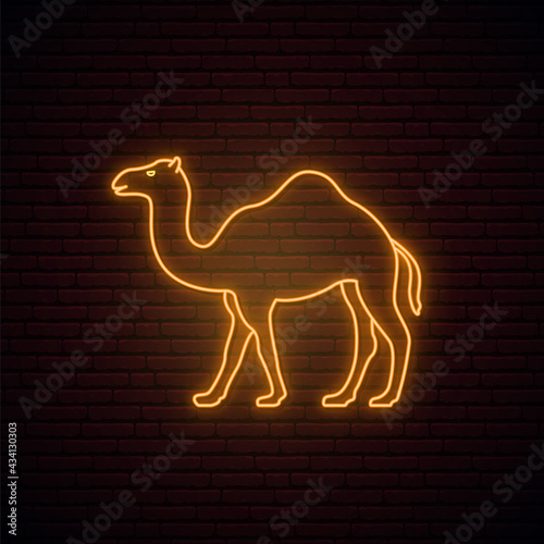 Neon camel sign. Glowing camel icon on dark brick wall background. Neon signboard. Vector illustration.
