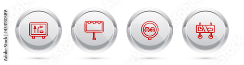 Set line Road traffic sign, Billboard with lights, No overtaking road and . Silver circle button. Vector