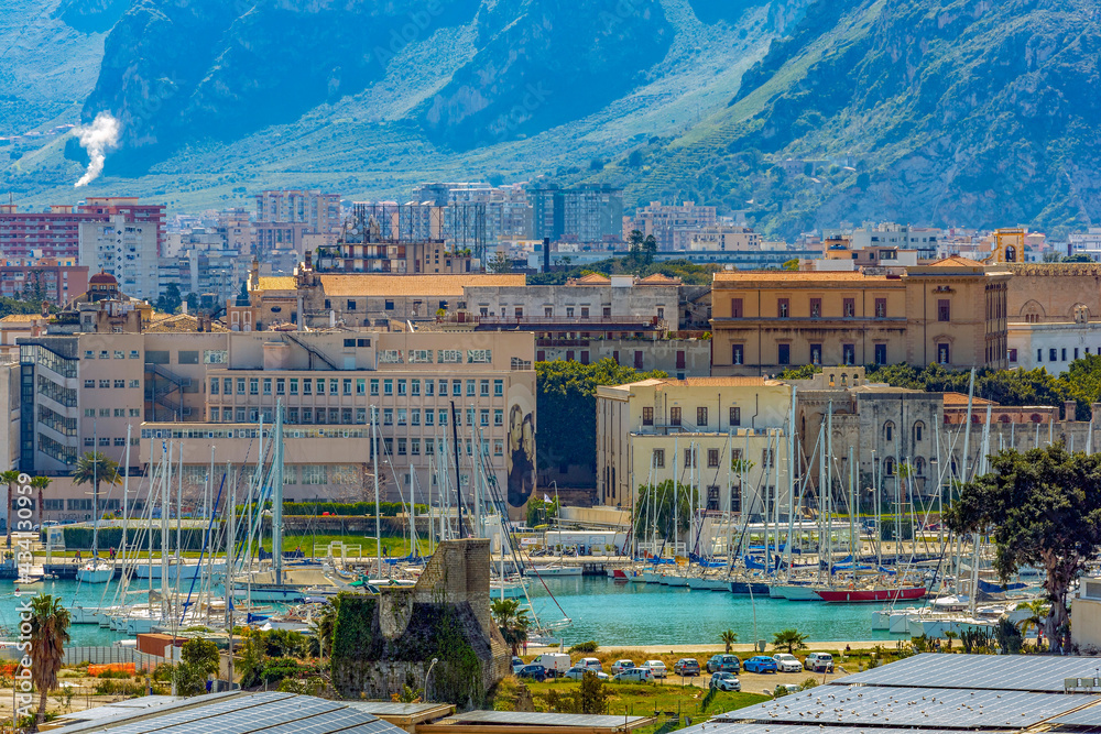 Port of Palermo with colorful houses, Italy