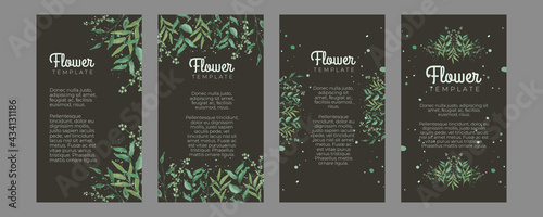 Trendy universal flower floral story templates with green watercolor leaves. Suitable for social media posts, mobile apps, cards, invitations, banners design and web/internet ads.