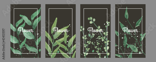 Trendy universal flower floral story templates with green watercolor leaves. Suitable for social media posts  mobile apps  cards  invitations  banners design and web internet ads.