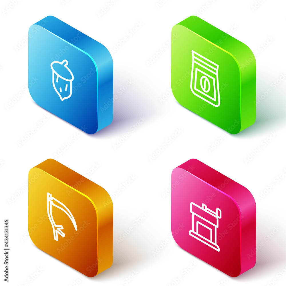 Set Isometric line Acorn, oak nut, seed, Bag of coffee beans, Scythe and Manual grinder icon. Vector Set Isometric line Acorn, oak nut, seed, Bag of coffee beans, Scythe and Manual grinder icon. Vector