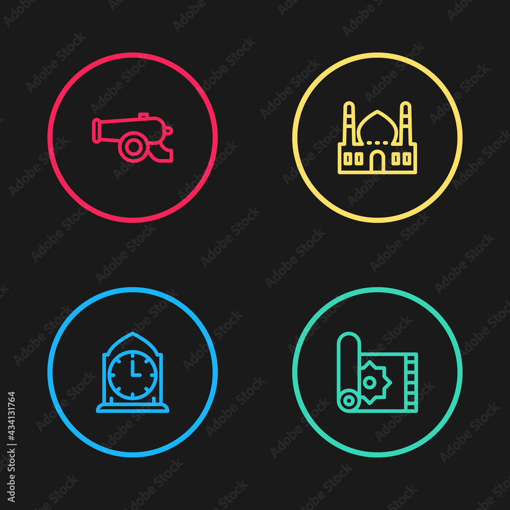 Set line Clock, Traditional carpet, Muslim Mosque and Ramadan cannon icon. Vector Set line Clock, Traditional carpet, Muslim Mosque and Ramadan cannon icon. Vector