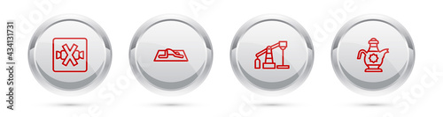 Set line No sweets, Muslim man prays, Oil pump or pump jack and Islamic teapot. Silver circle button. Vector