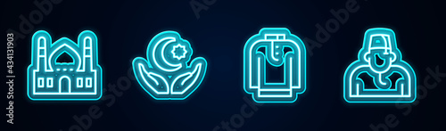 Set line Muslim Mosque, Star and crescent, Shirt kurta and man. Glowing neon icon. Vector