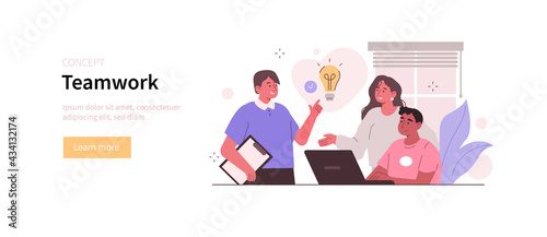 People Characters Meeting Online and Planning Project Tasks Together. Colleagues Sharing their Business Ideas. Business Teamwork Concept. Flat Cartoon Vector Illustration.
