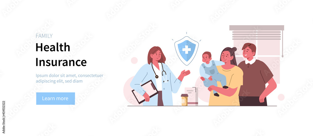 
Doctor Physician Consulting Young Family with Baby,  Prescribing Medication, Offering Health or Life Insurance Program. Family Medicine and Health Insurance Concept. Flat Cartoon Vector Illustration.