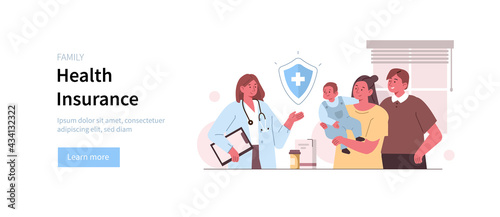 
Doctor Physician Consulting Young Family with Baby,  Prescribing Medication, Offering Health or Life Insurance Program. Family Medicine and Health Insurance Concept. Flat Cartoon Vector Illustration.