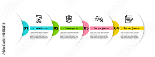 Set line Scissors cutting a credit card, Shield with dollar, Car leasing percent and Document and pen. Business infographic template. Vector