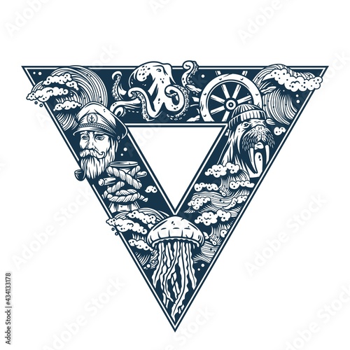 Marine background for print. Sea composition for sailor t-shirt. Nautical design form with ocean elements