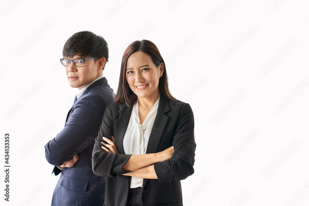 Portrait of Businessman and woman in formal suit with white isolate background and selective path for montage on your product or backdrop Portrait of Businessman and woman in formal suit with white isolate background and selective path for montage on your product or backdrop