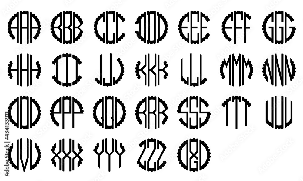 Scalloped monogram font set clipart image isolated on white background