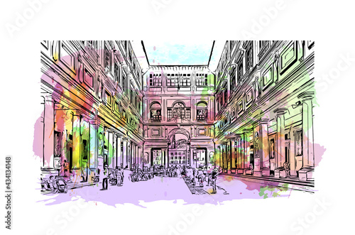 Building view with landmark of Florence is the 
city in Italy. Watercolor splash with hand drawn sketch illustration in vector.