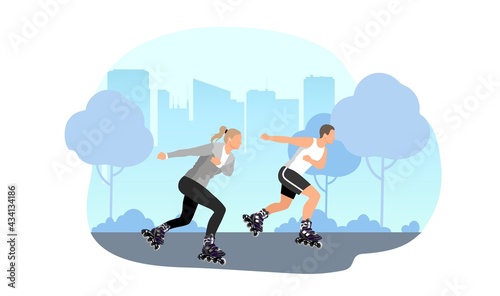 Young woman and man riding roller skates in a city park. Girl and boy roller skating. Vector illustration.