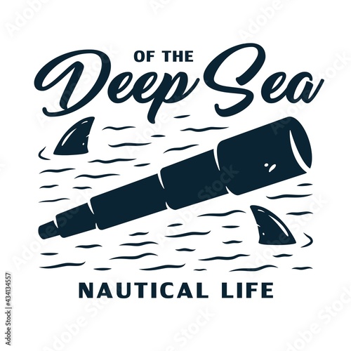Spyglass for sea print. Marine telescope for sailor t-shirt. Nautical ocean design emblem with optical tube