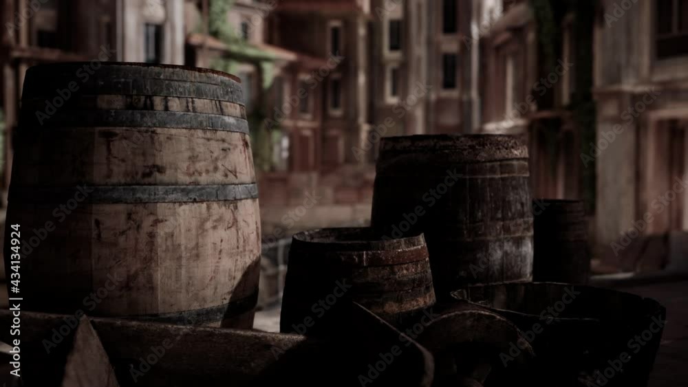old wooden wine barrels in a sea town port old wooden wine barrels in a sea town port