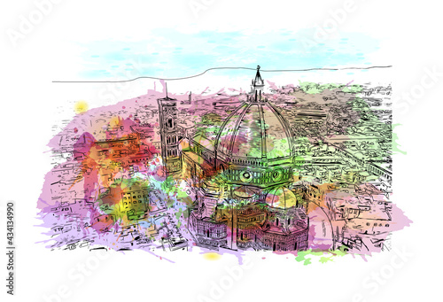 Building view with landmark of Florence is the 
city in Italy. Watercolor splash with hand drawn sketch illustration in vector.