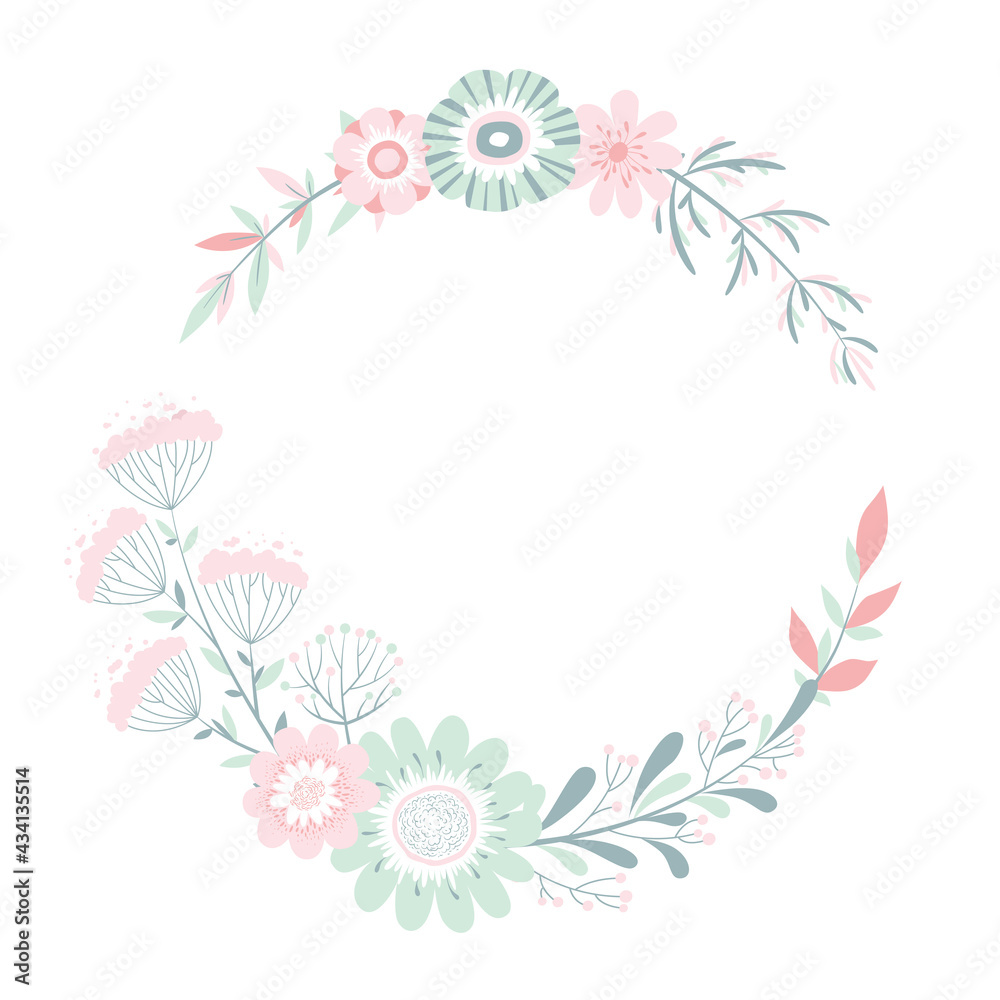 Vector illustration with round wreath from hand drawn colorful flowers, branches and leaves isolated on white background. Floral design template for card, wedding invitation, brochure Vector illustration with round wreath from hand drawn colorful flowers, branches and leaves isolated on white background. Floral design template for card, wedding invitation, brochure