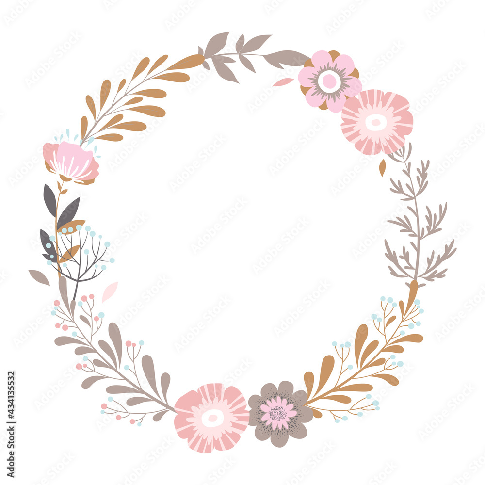 Vector illustration with round wreath from hand drawn colorful flowers, leaves and branches isolated on white background. Floral design template for card, wedding invitation, brochure
