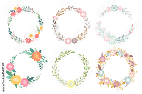 Vector collection of round wreaths from hand drawn colorful flowers, leaves and branches isolated on white background. Floral design templates for wedding invitation, card, brochure