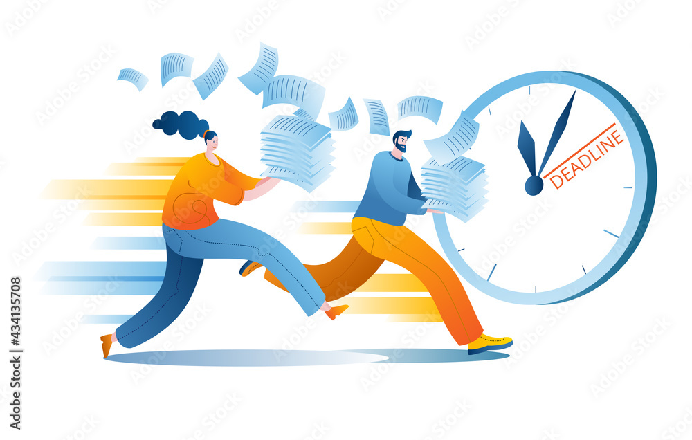 A man and a woman try to catch up with the clock. Concept of a vector illustration on the topic of time management.