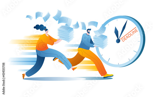 A man and a woman try to catch up with the clock. Concept of a vector illustration on the topic of time management.