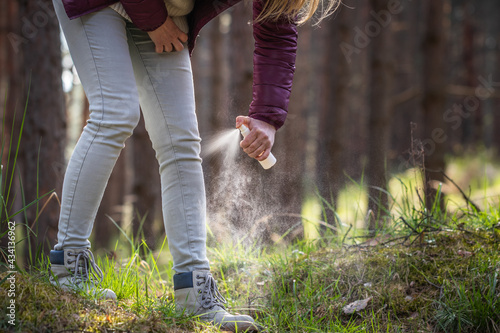 Hiker spraying insect repellent against tick at her leg. Protection against mosquito bite during hike in woodland photo