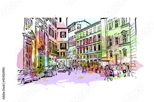Building view with landmark of Florence is the 
city in Italy. Watercolor splash with hand drawn sketch illustration in vector.