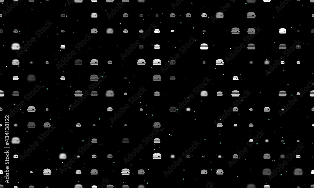 Seamless background pattern of evenly spaced white hamburger symbols of different sizes and opacity. Vector illustration on black background with stars Seamless background pattern of evenly spaced white hamburger symbols of different sizes and opacity. Vector illustration on black background with stars