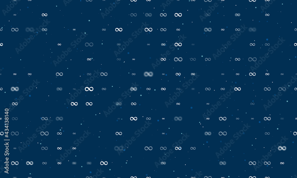Seamless background pattern of evenly spaced white infinity symbols of different sizes and opacity. Vector illustration on dark blue background with stars