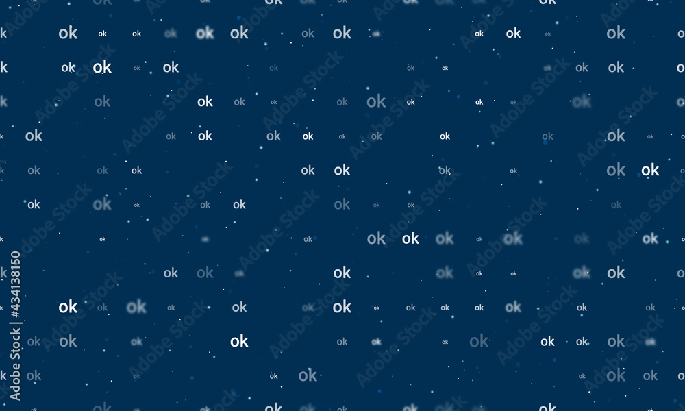 Seamless background pattern of evenly spaced white ok symbols of different sizes and opacity. Vector illustration on dark blue background with stars