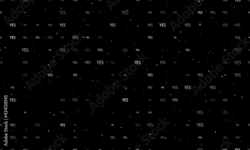 Seamless background pattern of evenly spaced white yes symbols of different sizes and opacity. Vector illustration on black background with stars