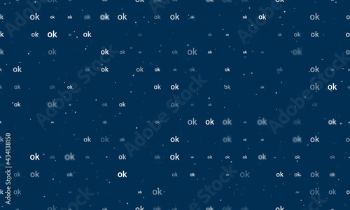 Seamless background pattern of evenly spaced white ok symbols of different sizes and opacity. Vector illustration on dark blue background with stars