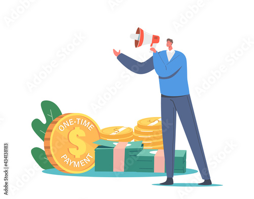Tiny Male Character with Megaphone Promote Subscription Business Model with One Time Payment. Application Membership