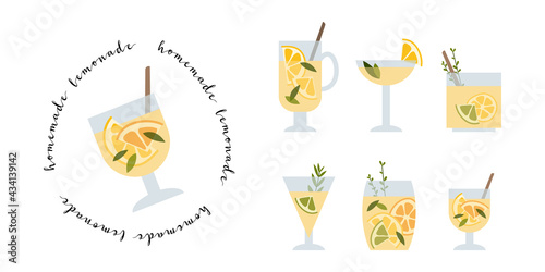 Fresh homemade lemonade, soda, mojito cocktail with lemon and mint. Summer tropic drink, cold citrus refreshing beverage in glass. Vector flat cartoon illustration. For logo, flyer, menu, sticker