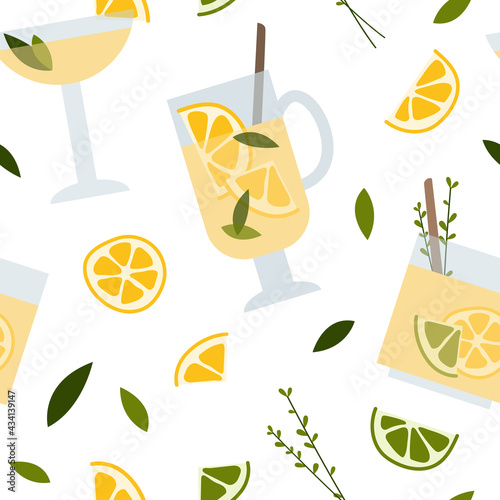 Fresh homemade lemonade, soda, mojito cocktail with lemon and mint. Summer tropic drink, cold citrus refreshing beverage in glass. Vector flat cartoon illustration, seamless pattern