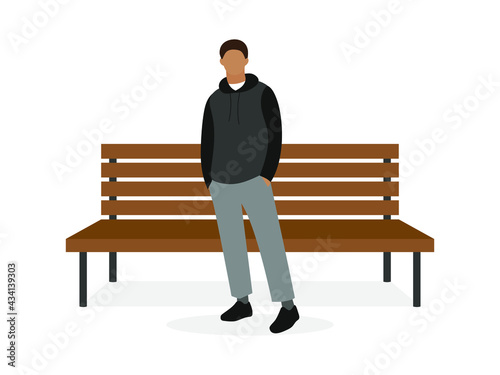 Male character with hands in pockets stands near a wooden bench on a white background