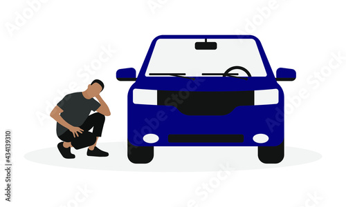 Male character squatting near a car on a white background