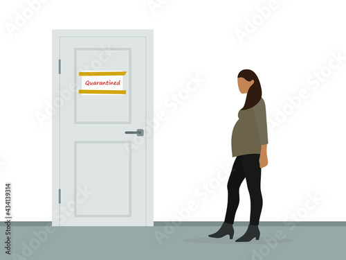 A pregnant female character stands near a closed door with an announcement "In quarantine"