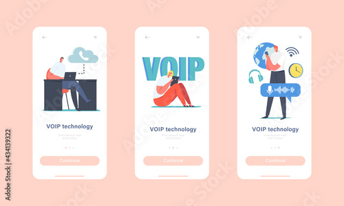 VOIP Technology, Voice over IP Mobile App Page Onboard Screen Template. Characters Use Telephony, Telecommunication