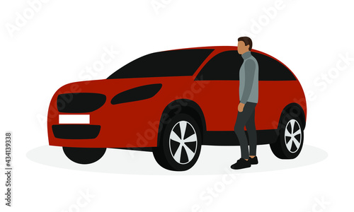 Male character stands near modern crossover on white background