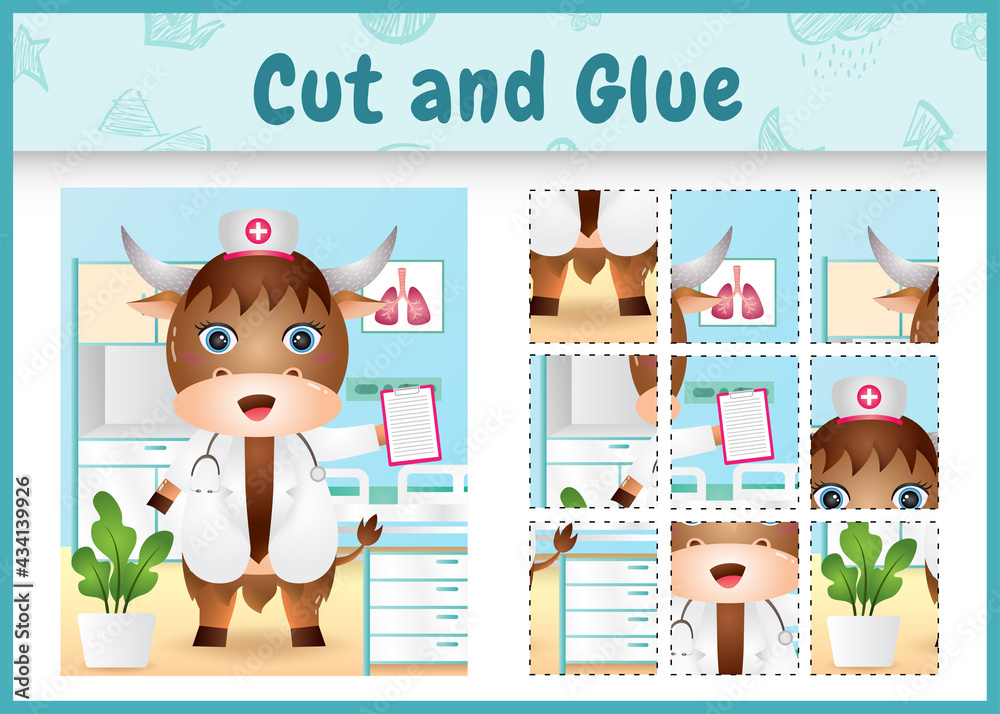Fototapeta premium Children board game cut and glue with a cute buffalo using costume nurses