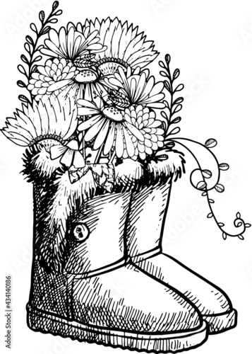 Hand drawn flower inspired black and white sketch adult coloring pages